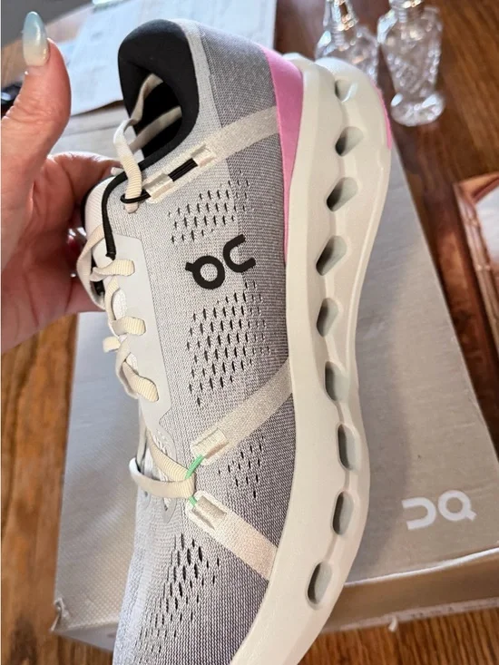 On Running Cloudsurfer Women’s Running Shoe - Light Gray with Pink Accents - Picture 2 of 4